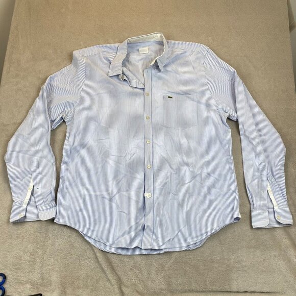 Lacoste Mens Dress Shirt Size XL 17 Neck Classic Fit Long Sleeve Blue Striped Fo - Picture 11 of 12